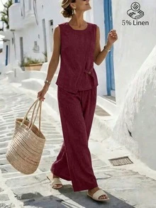 Breezaya Women's Asymmetric Design Sleeveless Shirt And Pleated Button Decor Wide Leg Pants 2-Piece Set, Casual And Comfortable For Spring/Summer Commuting - Burgundy - View 6