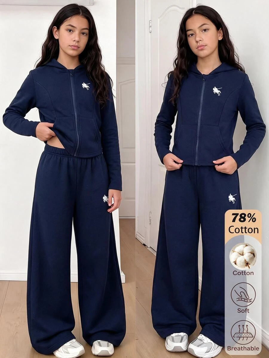 SHEIN Girls' Casual Fashion Knit Solid Color Front Graphic Print Double Pocket Long Sleeve Hooded Zip-Up Jacket And Solid Color Knit Graphic Print Pants Comfortable 2 Pieces Set - Navy Blue - View 1