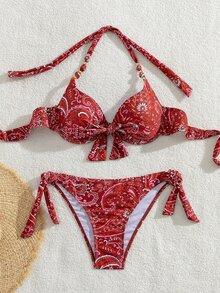 SHEIN Swim 波西米亚风红色底佩斯利印花露背吊带胸前蝴蝶结装饰串珠上衣和侧系带三角比基尼泳裤套装 - 紅色 - 查看 5