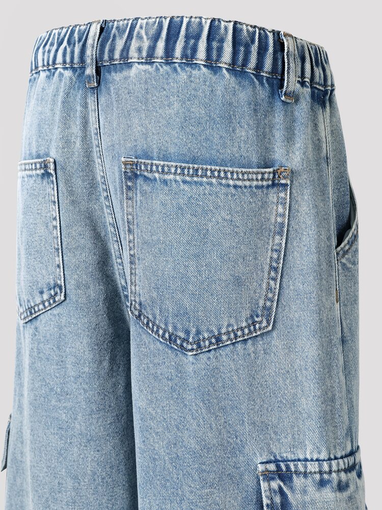 SHEIN Teenage Boys Loose Fit Vintage Cargo Baggy Washed Denim Jeans,Elastic Waist Multiple Pockets Casual Graphic Street Fashion,Graduation Cycling Beach - Medium Wash - View 5