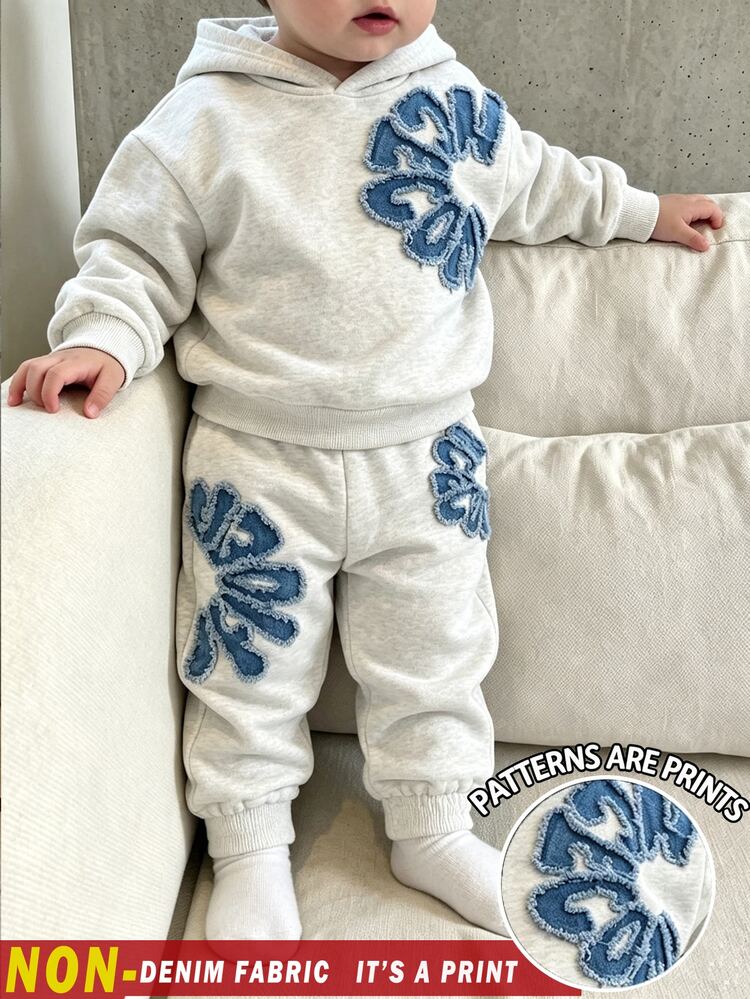 2pcs Baby Boy Cool Graphic Print Hoodie Sweatpants Set, Fashionable Casual Tropical Outfit For Holiday Parties, Fall, Streetwear, Off-White - Grey - View 1