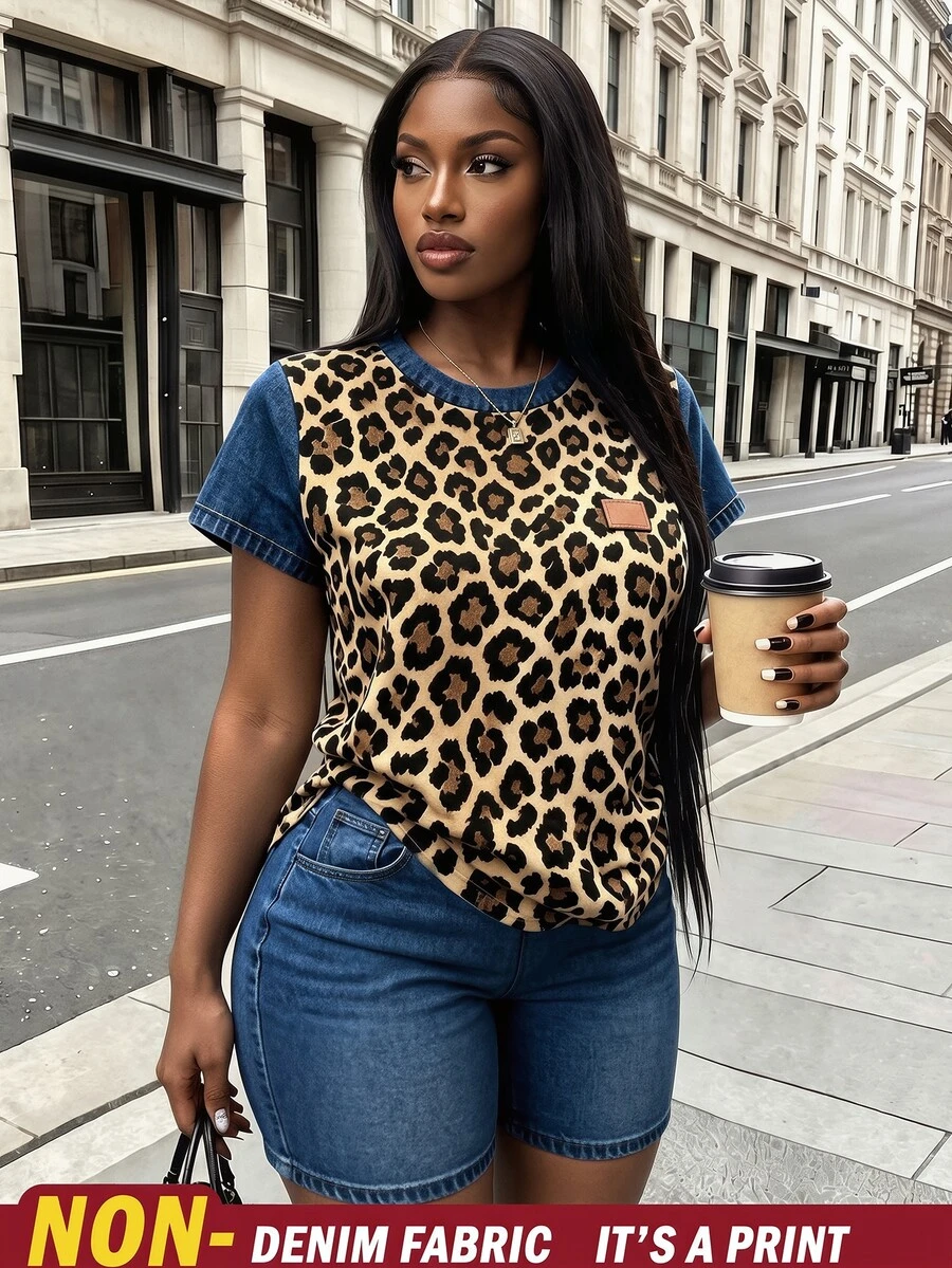 Rovax Women's Street Style Leopard Print Denim-Look Crew Neck Short Sleeve Top And Shorts 2-Piece Set