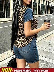 Rovax Women's Street Style Leopard Print Denim-Look Crew Neck Short Sleeve Top And Shorts 2-Piece Set - Multicolor - View 3