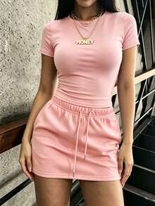 Rovax Setelan 2 Potong Kaos dan Rok Kasual Warna Polos untuk Wanita Musim Panas - Berwarna merah muda - View 5
