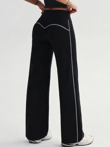 StreetHx Women's Summer Long Pants Black Slim Fit Regular Waist Front Colorblock Line Split Straight Leg Low Waist Athletic Running Yoga Gym Tennis Golf - Black - View 2