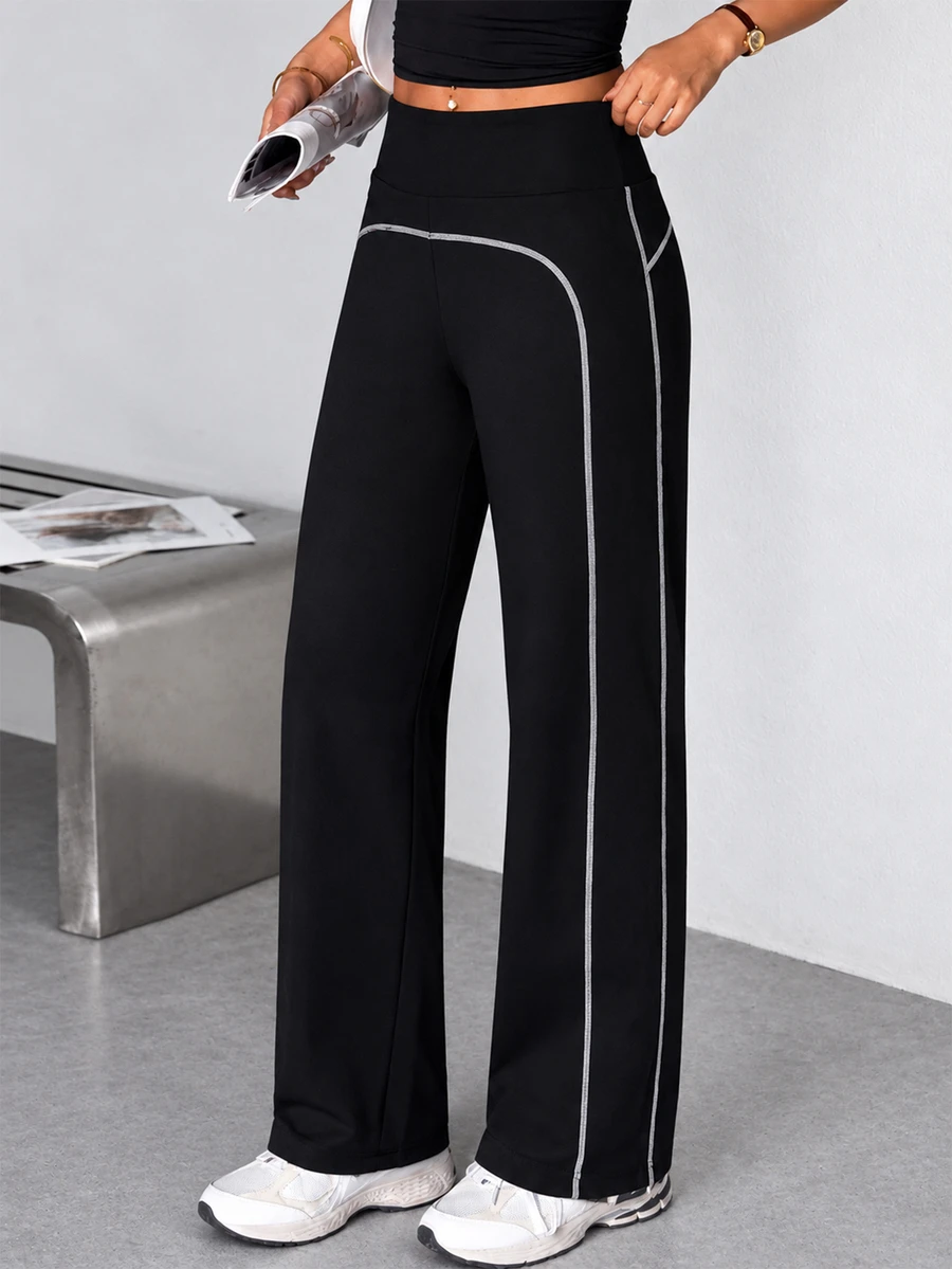 StreetHx Women's Summer Long Pants Black Slim Fit Regular Waist Front Colorblock Line Split Straight Leg Low Waist Athletic Running Yoga Gym Tennis Golf - Black - View 1