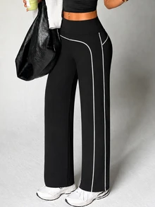 StreetHx Women's Summer Long Pants Black Slim Fit Regular Waist Front Colorblock Line Split Straight Leg Low Waist Athletic Running Yoga Gym Tennis Golf - Black - View 7