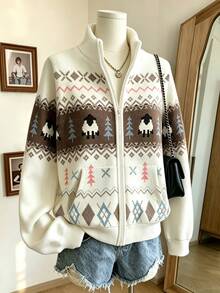 Lalippa Currently Popular, Sister Outfits, Patterned Jacquard Cardigan Fuzzy Jacket, Women's Autumn And Winter - Multicolor - View 1