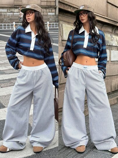 Coolane Women's Fall/Winter Streetwear Vintage Going Out Work Everyday Holiday Casual Y2K Blue Striped Turn-Down Trousers Straight Pants,Light Blue