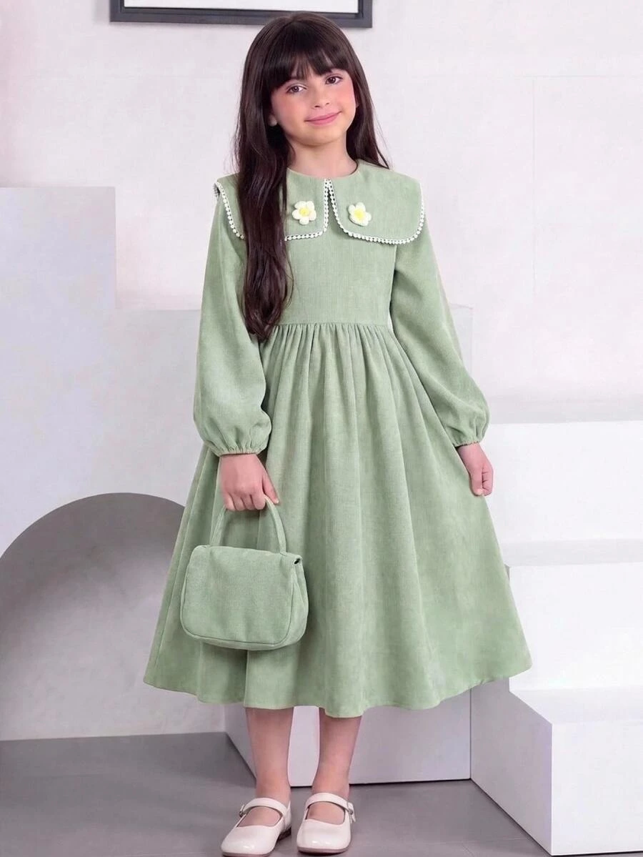 SHEIN 少女綠色燈芯絨荷葉邊抓褶腰 A 字洋裝 - 綠色 - 查看 1