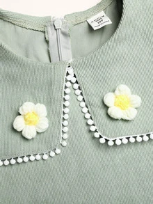 SHEIN 少女綠色燈芯絨荷葉邊抓褶腰 A 字洋裝 - 綠色 - 查看 6
