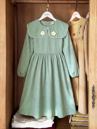 SHEIN Tween Girl Green Corduroy Ruffle Gathered Waist A-Line Dress