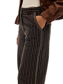 Nöista Celana Panjang Bergaris dengan Potongan Lebar dalam Warna Musim Gugur. Musim Gugur/Musim Dingin, Kasual, Sehari-hari, Nyaman. - Coffee Brown - View 2