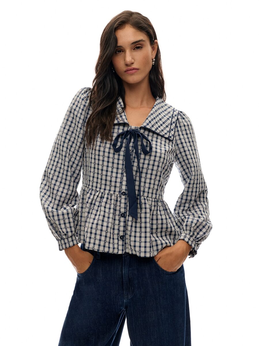 Nöista Blouse With Check Fabric, Tie On The Front In Contrast Blue Color, Balloon Sleeves And Peplum Shape, Perfect To Elevate Your Everyday  In Fall Winter - Royal Blue - View 1