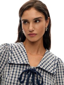Nöista Blouse With Check Fabric, Tie On The Front In Contrast Blue Color, Balloon Sleeves And Peplum Shape, Perfect To Elevate Your Everyday  In Fall Winter - Royal Blue - View 2