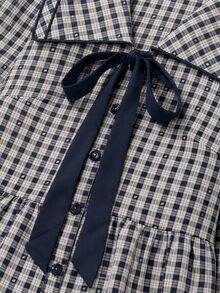 Nöista Blouse With Check Fabric, Tie On The Front In Contrast Blue Color, Balloon Sleeves And Peplum Shape, Perfect To Elevate Your Everyday  In Fall Winter - Royal Blue - View 10