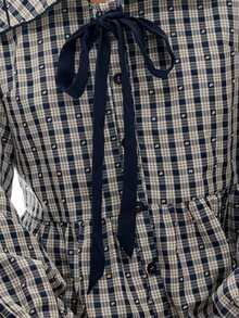 Nöista Blouse With Check Fabric, Tie On The Front In Contrast Blue Color, Balloon Sleeves And Peplum Shape, Perfect To Elevate Your Everyday  In Fall Winter - Royal Blue - View 6
