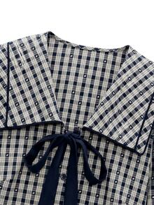 Nöista Blouse With Check Fabric, Tie On The Front In Contrast Blue Color, Balloon Sleeves And Peplum Shape, Perfect To Elevate Your Everyday  In Fall Winter - Royal Blue - View 9