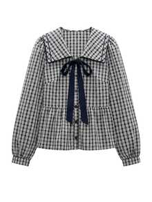 Nöista Blouse With Check Fabric, Tie On The Front In Contrast Blue Color, Balloon Sleeves And Peplum Shape, Perfect To Elevate Your Everyday  In Fall Winter - Royal Blue - View 7