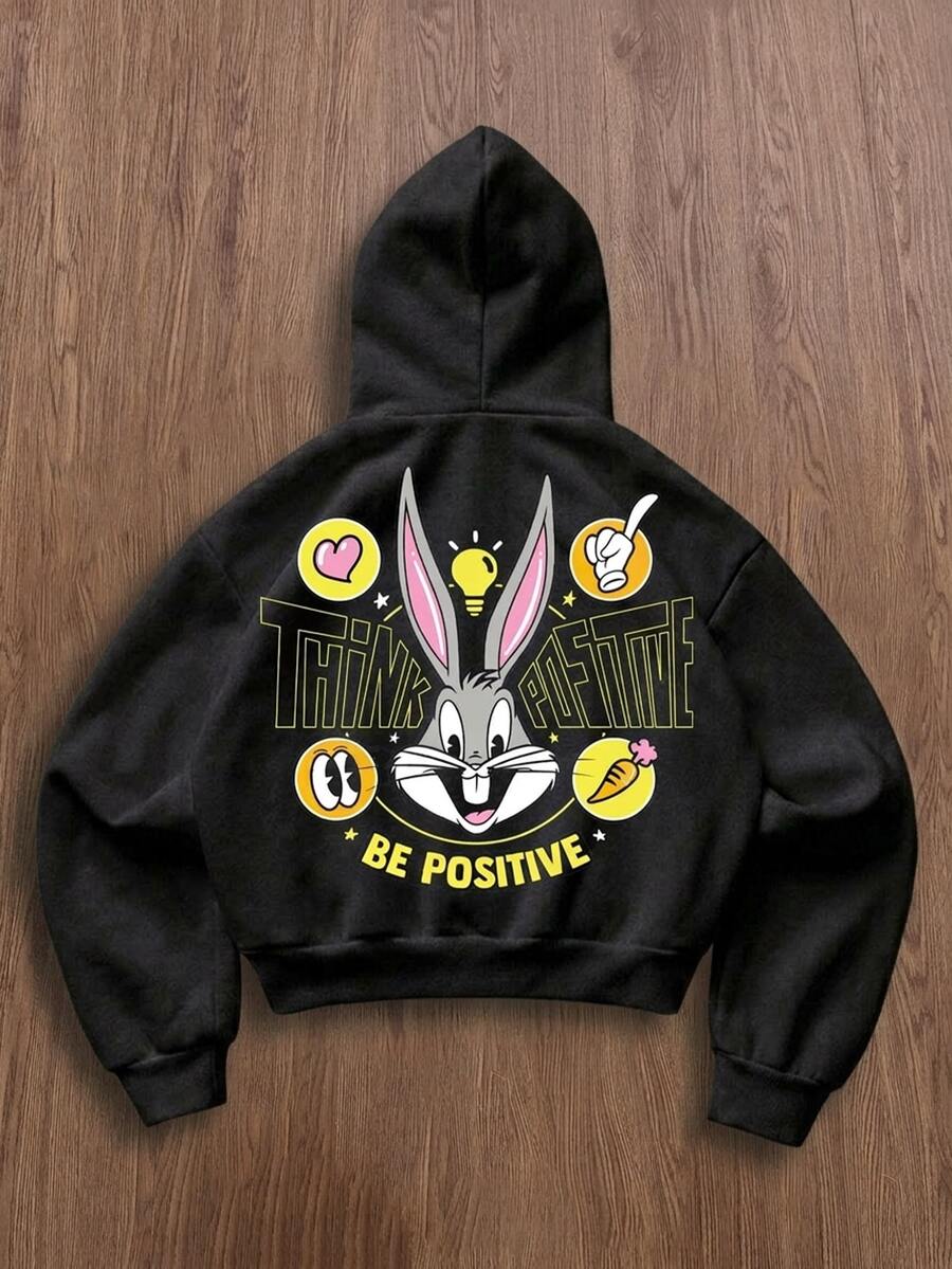 LOONEY TUNES X SHEIN Daypath GOOD VIBES Graphic Men's Black Short Loose Drop Shoulder Hoodie - Black - View 1