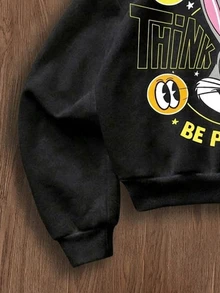 LOONEY TUNES X SHEIN Daypath GOOD VIBES Graphic Men's Black Short Loose Drop Shoulder Hoodie - Black - View 2