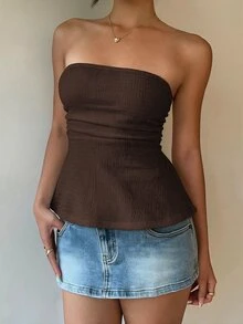 MainGRL Women Brown Knit Tube Top, Summer - Chocolate Brown - View 5