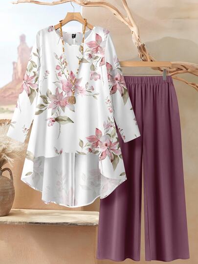 Rusticease 2 pièces Ensemble femme vintage à fleurs, Top à manches longues col rond ample et pantalon. Convient pour les tenues décontractées d'automne/hiver pour femmes