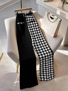 GlowEve CURVE Celana Panjang Wanita Ukuran Besar Gaya Minimalis Musim Semi/Panas, Fashion Bisnis, Warna Hitam & Putih, Potongan Lurus dengan Sabuk. - Hitam - View 4