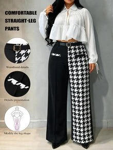GlowEve CURVE Celana Panjang Wanita Ukuran Besar Gaya Minimalis Musim Semi/Panas, Fashion Bisnis, Warna Hitam & Putih, Potongan Lurus dengan Sabuk. - Hitam - View 5