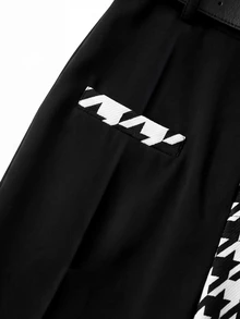 GlowEve CURVE Celana Panjang Wanita Ukuran Besar Gaya Minimalis Musim Semi/Panas, Fashion Bisnis, Warna Hitam & Putih, Potongan Lurus dengan Sabuk. - Hitam - View 3