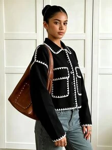 SHEIN 青少年女孩拿破崙街頭風抓絨外套，秋季長袖夾克，Katseye 黑色與白色對比飾邊領，拉鍊開襟，大口袋，工作休閒款 - 黑與白 - 查看 2