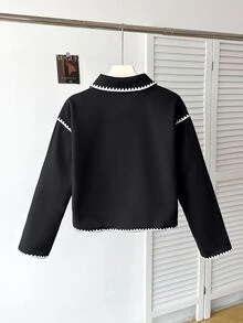 SHEIN 青少年女孩拿破崙街頭風抓絨外套，秋季長袖夾克，Katseye 黑色與白色對比飾邊領，拉鍊開襟，大口袋，工作休閒款 - 黑與白 - 查看 3