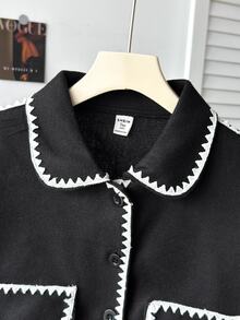 SHEIN 青少年女孩拿破崙街頭風抓絨外套，秋季長袖夾克，Katseye 黑色與白色對比飾邊領，拉鍊開襟，大口袋，工作休閒款 - 黑與白 - 查看 4