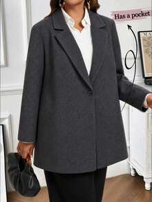 EMERY ROSE Plus-Size Women's Autumn-Winter Woolen Solid-Color Lapel Single-Button Casual Business Versatile Commuter Travel Suit Jacket, Gray For Autumn Outfits. - Dark Grey - View 3