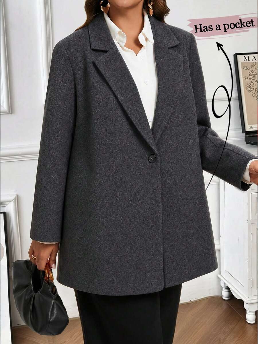 EMERY ROSE Plus-Size Women's Autumn/Winter Woolen Solid Color Lapel Single-Button Casual Commuter Suit Jacket, With Pockets, Suitable For Autumn And Winter Wear. - Dark Grey - View 1