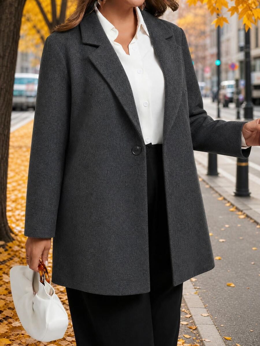 EMERY ROSE Plus-Size Women's Autumn-Winter Woolen Solid-Color Lapel Single-Button Casual Business Versatile Commuter Travel Suit Jacket, Gray For Autumn Outfits. - Dark Grey - View 1