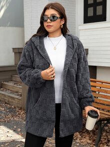 Comfylo Chaqueta con capucha de forro polar de doble cara cómoda para invierno con bolsillos, talla grande - Gris Oscuro - Ver 5
