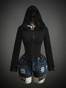 SHEIN ICON Sweatshirt Berkerudung Slim Fit untuk Wanita, Model Musim Gugur - Hitam - View 12