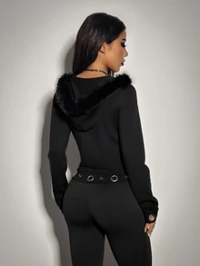 SHEIN ICON Sweatshirt Berkerudung Slim Fit untuk Wanita, Model Musim Gugur - Hitam - View 2