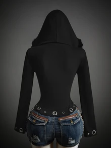 SHEIN ICON Sweatshirt Berkerudung Slim Fit untuk Wanita, Model Musim Gugur - Hitam - View 16