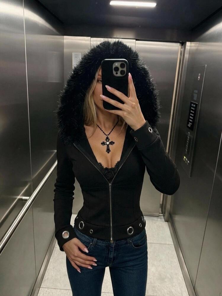 SHEIN ICON 女款秋季時尚修身連帽衛衣 - 黑色 - 查看 1