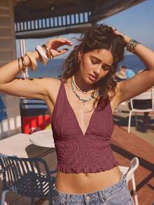 Aralina Women's Solid Halter Backless Casual Vacation Sleeveless Shirt Top Summer Outfits Cute Tops Women - Redwood - View 4