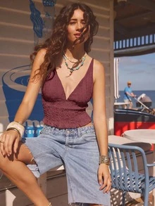 Aralina Women's Solid Halter Backless Casual Vacation Sleeveless Shirt Top Summer Outfits Cute Tops Women - Redwood - View 8
