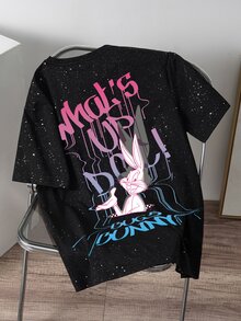 LOONEY TUNES X SHEIN Daypath Men's Colorful Gradient Black Hole Pattern Print Powder-Coated Short Sleeve T-Shirt - Black - View 1