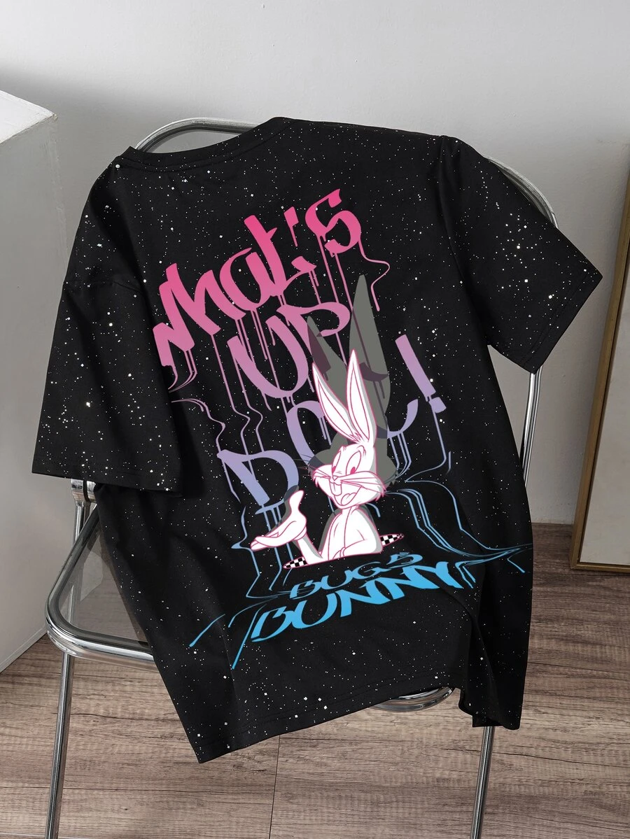 LOONEY TUNES X SHEIN Daypath Men's Colorful Gradient Black Hole Pattern Print Powder-Coated Short Sleeve T-Shirt - Black - View 1