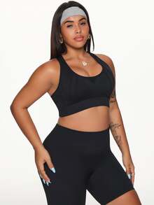 SHEIN Rhythm Era Plus Size Women's Seamless Hollow Out Y-Back Sports Bra Gym Black Summer - Black - View 7