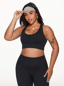 SHEIN Rhythm Era Plus Size Women's Seamless Hollow Out Y-Back Sports Bra Gym Black Summer - Black - View 6