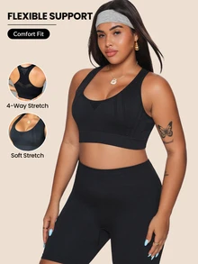 SHEIN Rhythm Era Plus Size Women's Seamless Hollow Out Y-Back Sports Bra Gym Black Summer - Black - View 3