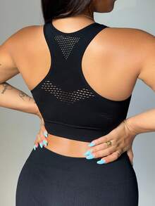 SHEIN Rhythm Era Plus Size Women's Seamless Hollow Out Y-Back Sports Bra Gym Black Summer - Black - View 2