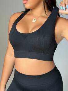 SHEIN Rhythm Era Plus Size Women's Seamless Hollow Out Y-Back Sports Bra Gym Black Summer - Black - View 4